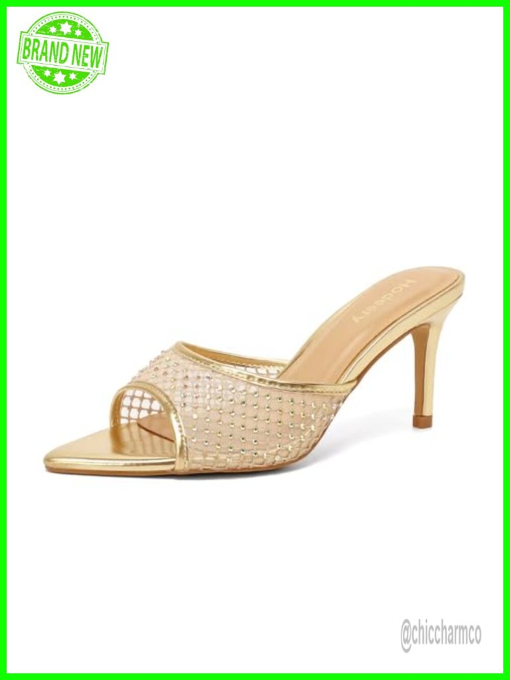 Faux Leather Mesh Rhinestone Mule Heeled Sandals 3 Inch Stiletto Open Toe Slip
